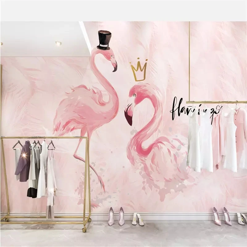 Customized products Pink flamingo wallpaper milk tea shop beauty salon tattoo shop wall covering live net red background wall 8d