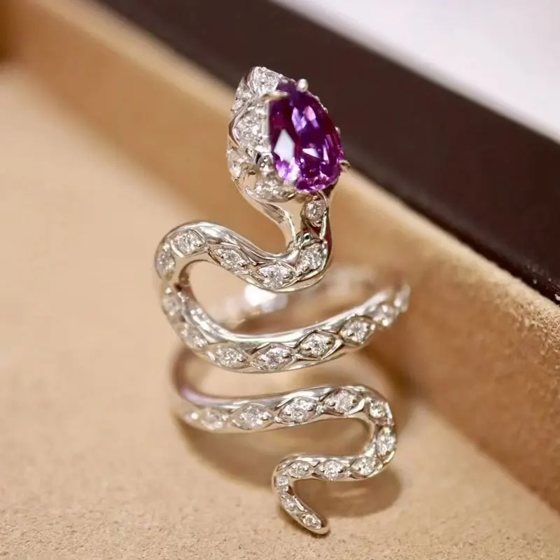 925 sterling silver new exquisite full diamond snake shaped ring, dazzling purple crystal, fashionable women's jewelry gift