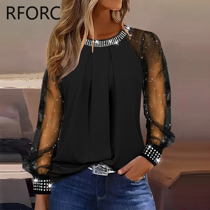 2023 Women Glitter Rhinestone Decoration Round Neck Causal Black Blouse Top