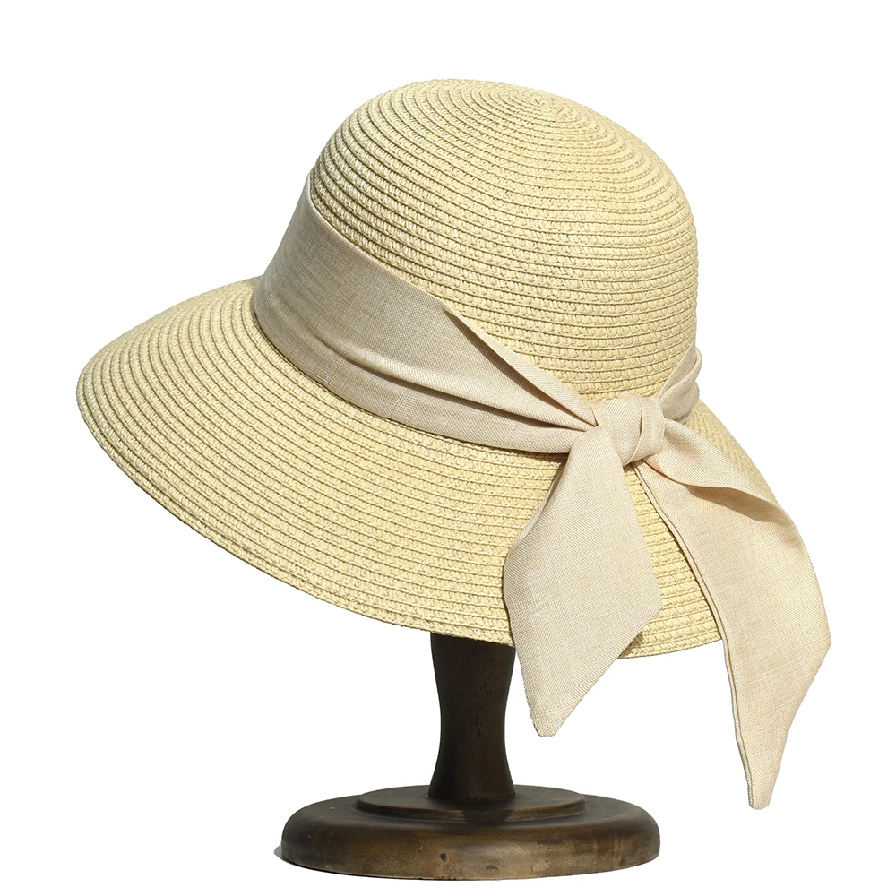 Wide Brim Ribbon Beach Hat Ladies Summer Outdoor Bucket Hat Breathable Sun Hat Fashionable Straw Hat Foldable