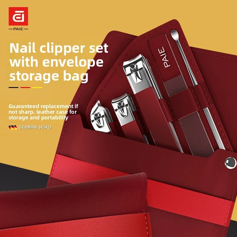 PAIE Stainless Steel Nail Clippers Set Anti-Splash Slanted Edge Sharp Professional with Ear Pick Small Large Sizes Manicure Kit