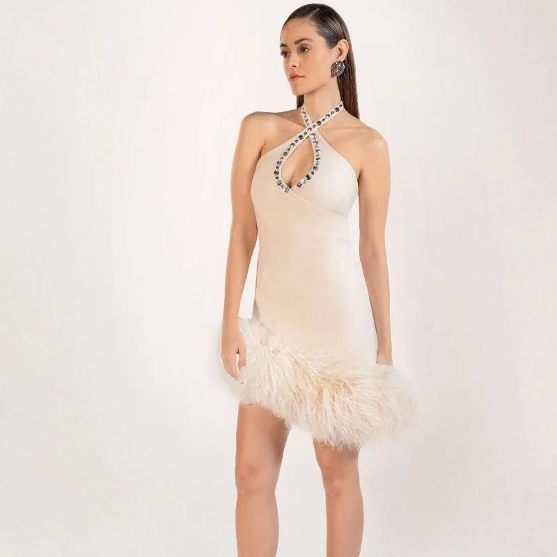 White Neckband Rhinestone Sexy Bar Women's Dress Slim Fit Feather Elastic Fashionable Elegant Dress Banquet Host Evening Dress