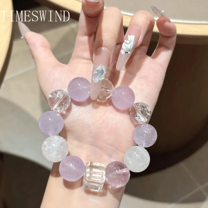 

TIMESWIND Natural Original Crystal Light Purple White Round Bead Block Women Bless Bracelet Fashion Jewelry with Certificate