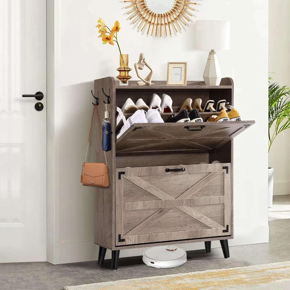 

Шкаф для хранения обуви с двумя откидными ящиками, отдельно стоящий органайзер для обуви с открытым хранилищем, узкий скрытый тонкий деревянный шкаф для обуви f