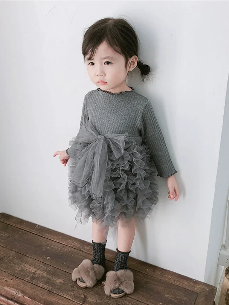 HoneyCherry Autumn Baby Bow Tie Dress New Long Sleeve Girl Cake Dress Baby Girl Clothes Girls Dresses For Party And Wedding