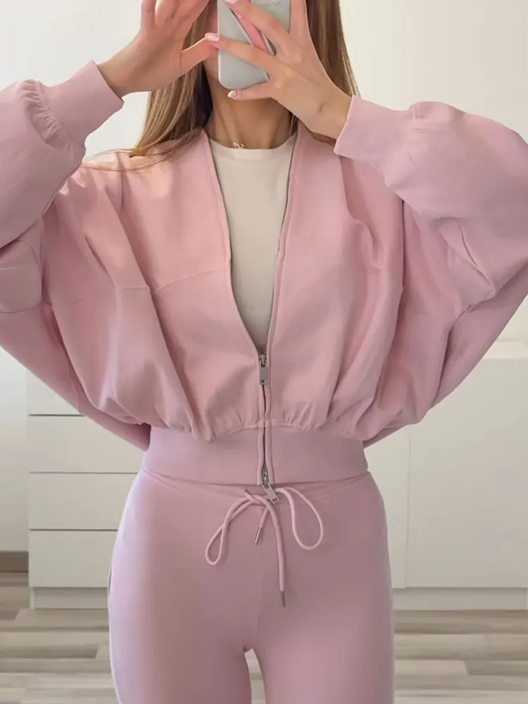 HH Autumn Women Elegant Solid Pants Set Long Sleeve Zipper Bomber Jackets Drawstring Slim Flare Pant Casua Loffice Lady Suits