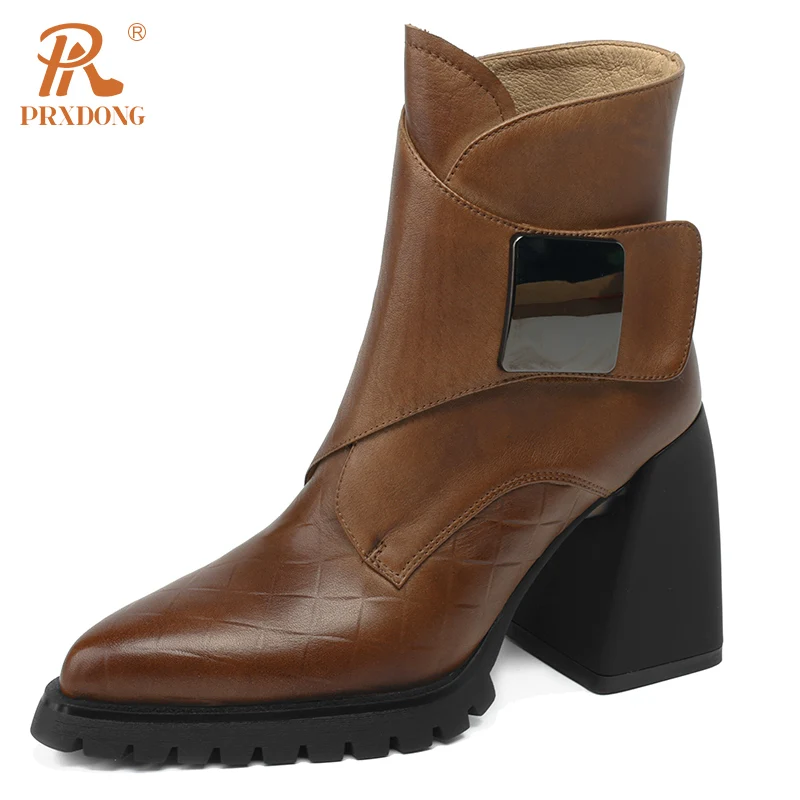 PRXDONG 2023 New Classics Genuine Leather Women's Ankle Boots Square High Heels Platform Black Brown Dress Office Lady Shoes 40