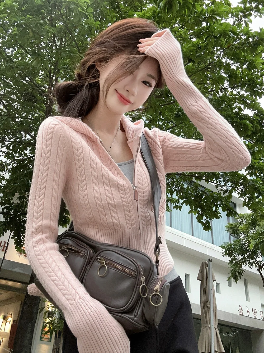 Women Spring Autumn Zipper Style Slim Hoodie Sweater Korean New Gentle Fried Dough Twists Knitted Long Sleeve Knitting Cardigan