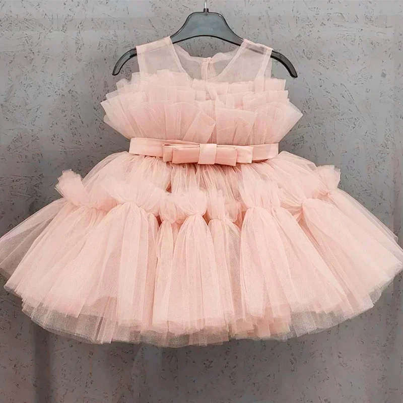 Baby Girls Tulle Princess Dress Flower Elegant 1st Baptism Birthday Party Ball Gown Sleeveless Kids Wedding Evening Formal Dress