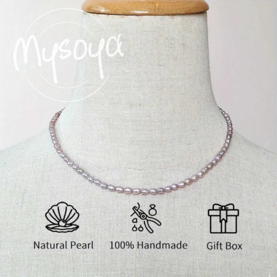 

MYSOYA 4-4,5 мм натуральный фиолетовый рис в форме пресноводного жемчуга ожерелье для женщин и мужчин с подарочной коробкой подарок на день рождения, свадьбу, ювелирное изделие