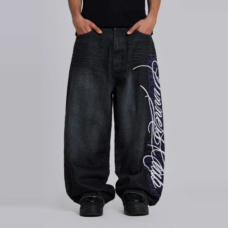 Y2k Youth Baggy Jeans Retro Letter Embroidery Black Wash Wide Leg Denim Pants Men Women Hip Hop Streetwear Unisex Casual Jeans