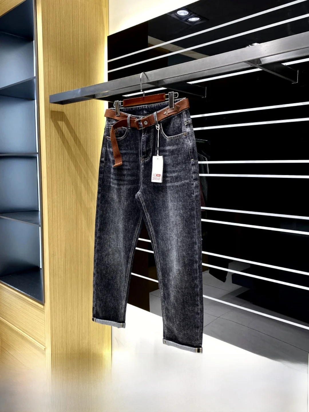 High Elasticity Straight Leg Men's Jeans Belted Washed out Vintage Comfortable Fashionable Autumn Winter All-Match Casual Denim