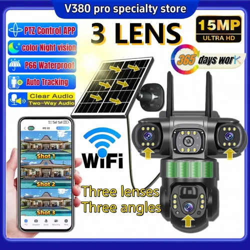 Cámara Solar WIFI de 15MP, 3 lentes, 3 pantallas, Zoom 10X, detección corporal, impermeable, visión nocturna, protección de seguridad CCTV V380 pro