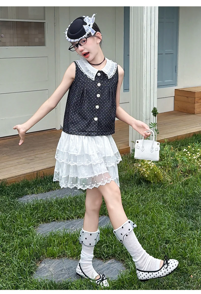 2026 New Teenage Elegant Clothing Suits,  Baby Girls Fashion 2 Piece Sets,  Black Dot T-shirt +White Skirts    5 -12 T