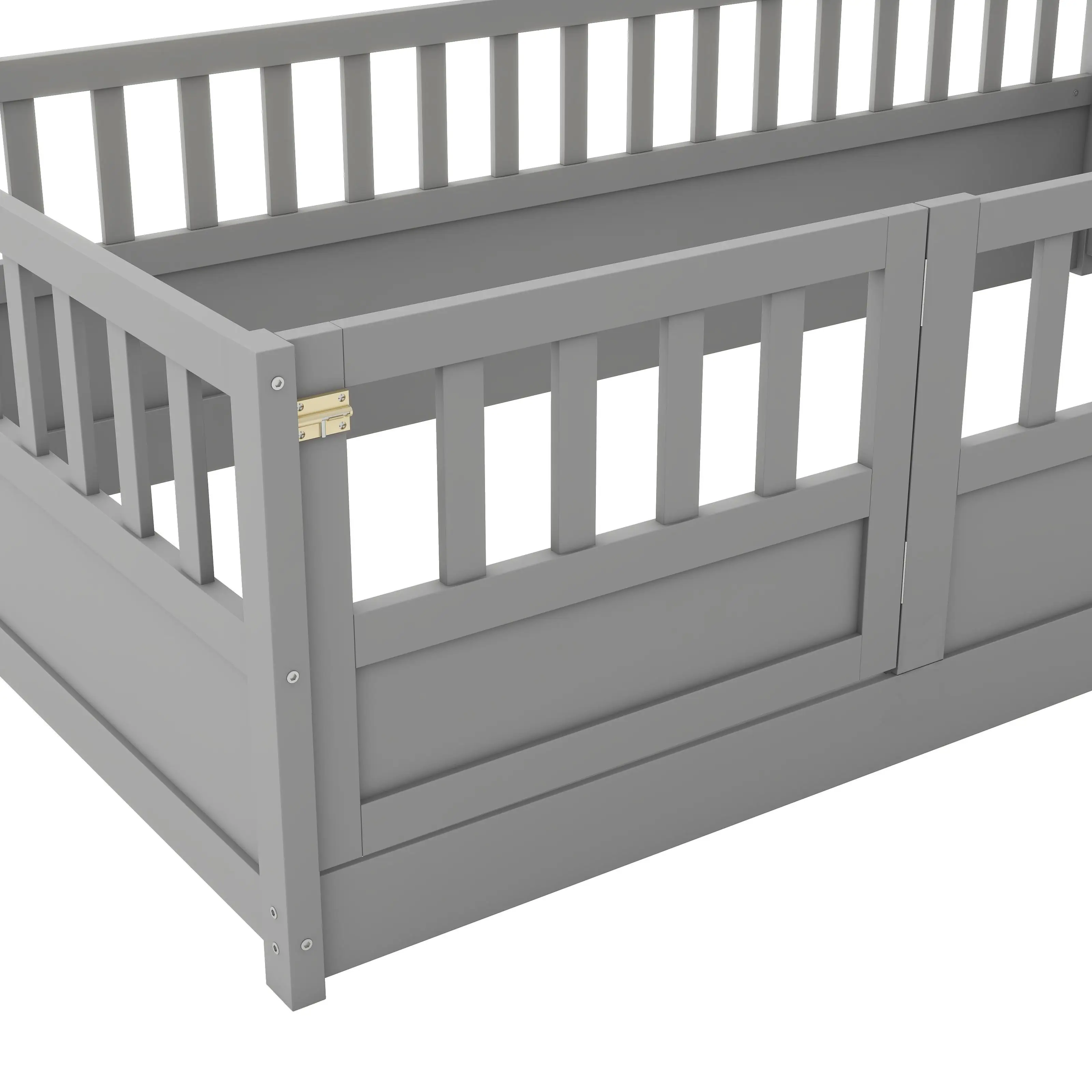 

Montessori Twin Size Floor Bed Frame - Safe Design with High Security Barrier & Door - Grey Wooden Bed for Kids