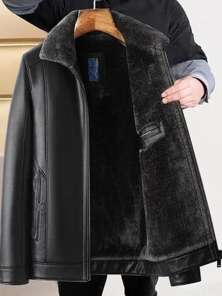 

Thiened Leather Jaet for Middle-Aged And ly Men Casual Sle Fur Lined Long Sve Zipper Closure Plant Tanned Leather
