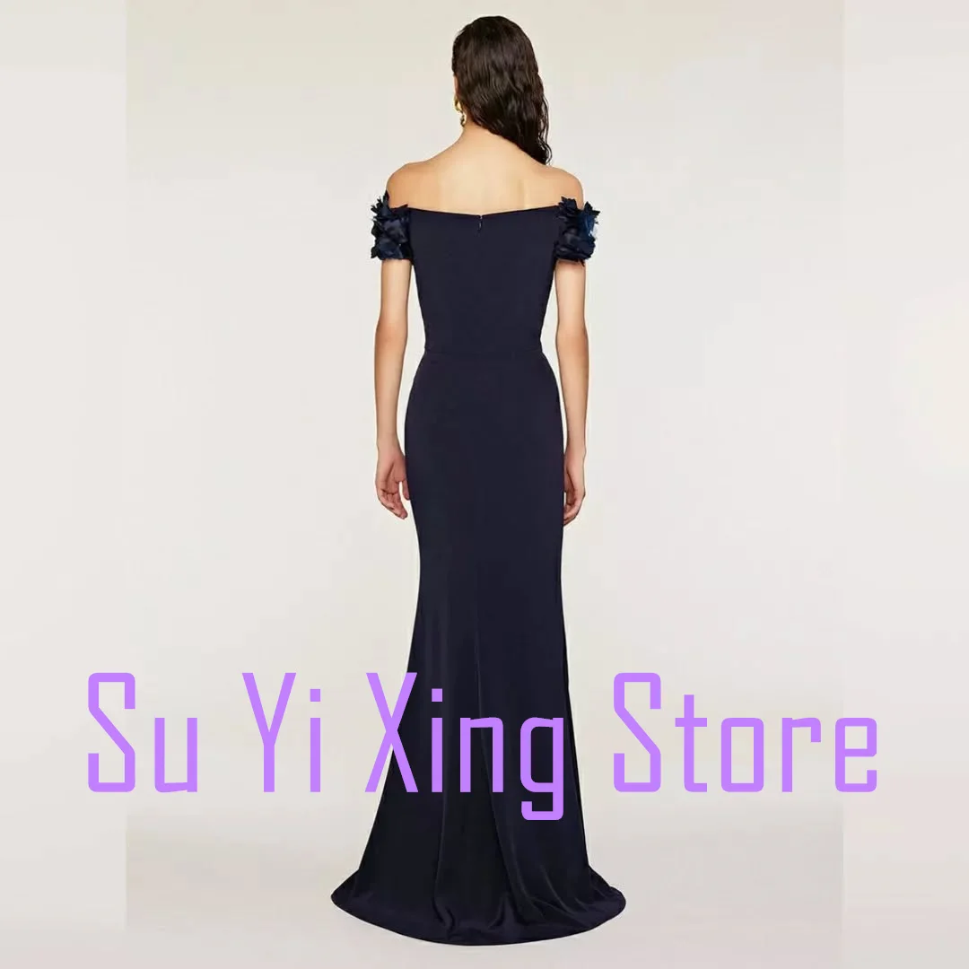 فستان سهرة بحورية البحر مكشوف الكتفين مع زهور ثلاثية الأبعاد فساتين رسمية بدون حمالات للنساء أنيقة باللون الأزرق من الجيرسيه Pr #4