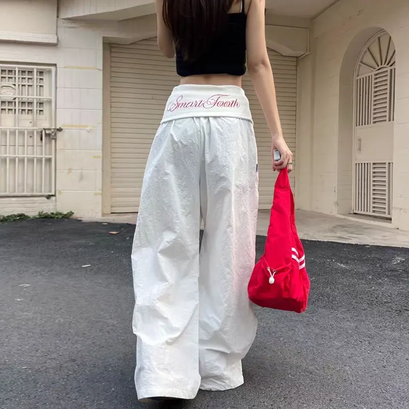 Y2K السراويل البضائع النساء الشارع الشهير رسالة الماس فضفاض Sweatpants Harajuku الأبيض واسعة الساق ركض الصيف الجرونج بناطيل كاجوال