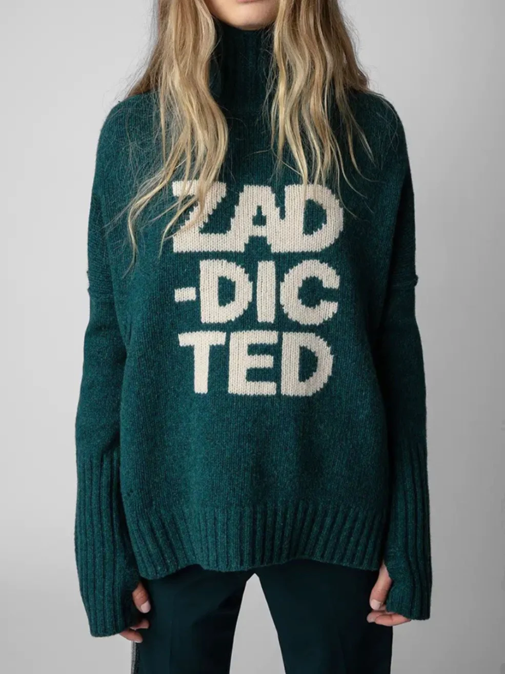 

Autumn Winter Women's Loose High Collar Knitted Sweater 00 Wool Stand Collar Sweater Letter High Ne Wide Sve Knitwear