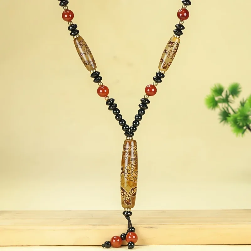 

Tibetan Retro Agate Sweater Chain, Dzi Bead Agate Necklace