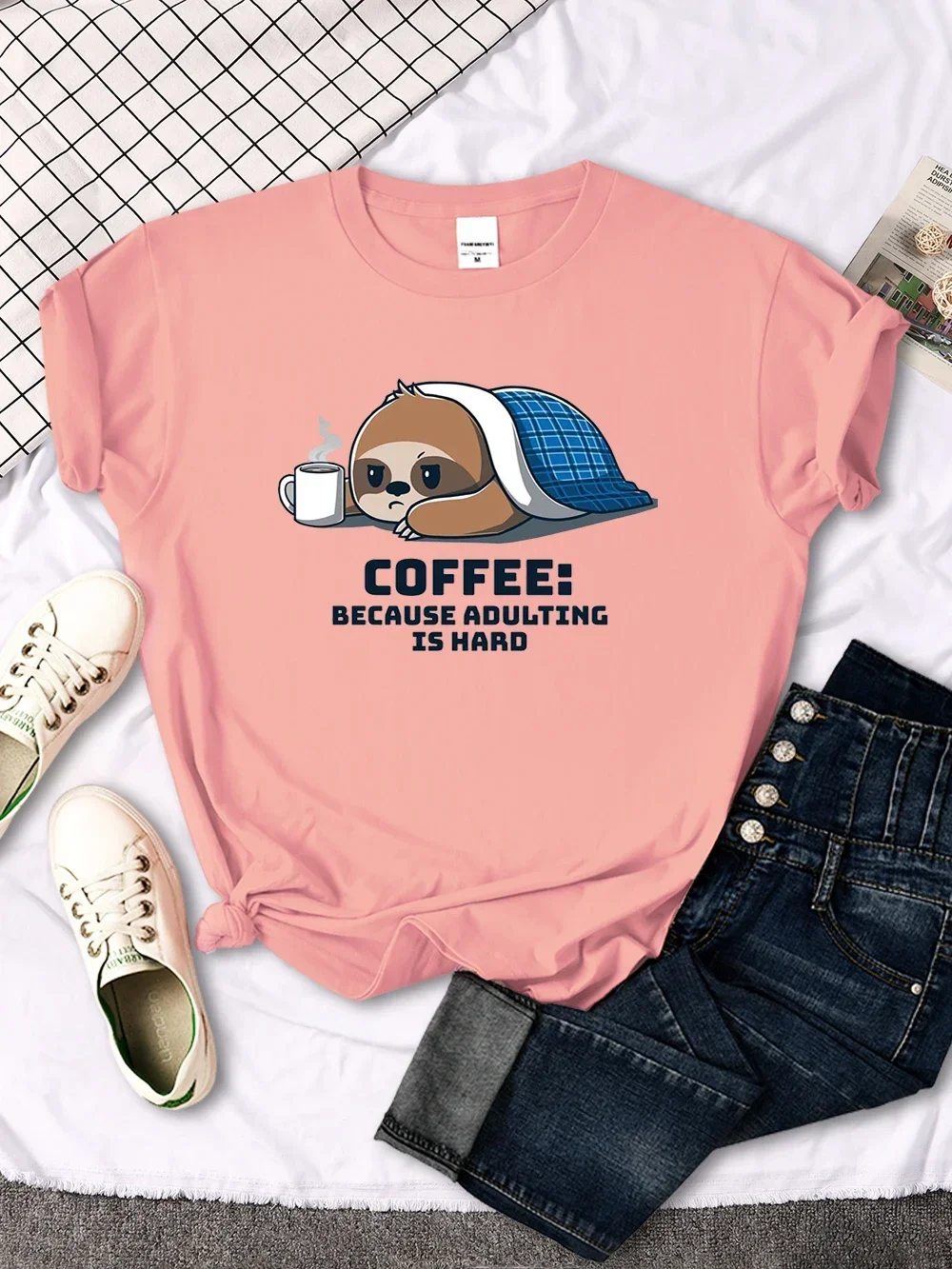 Vintage Short Sleeve Top Punk Casual Women T Shirt Women's Tshirt Sloth Hiding In Quilt And Coffee Print T-Shirts For Women Kpop