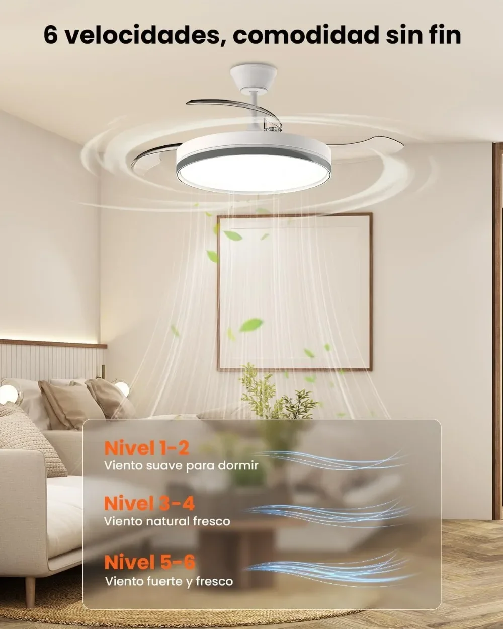 106 سنتيمتر Ventilador de Techo con Luz Aspas Retráctiles ، 69 واط لامبارا Ventilador Techo Silencioso con Mando y DC Motor para Dormitori