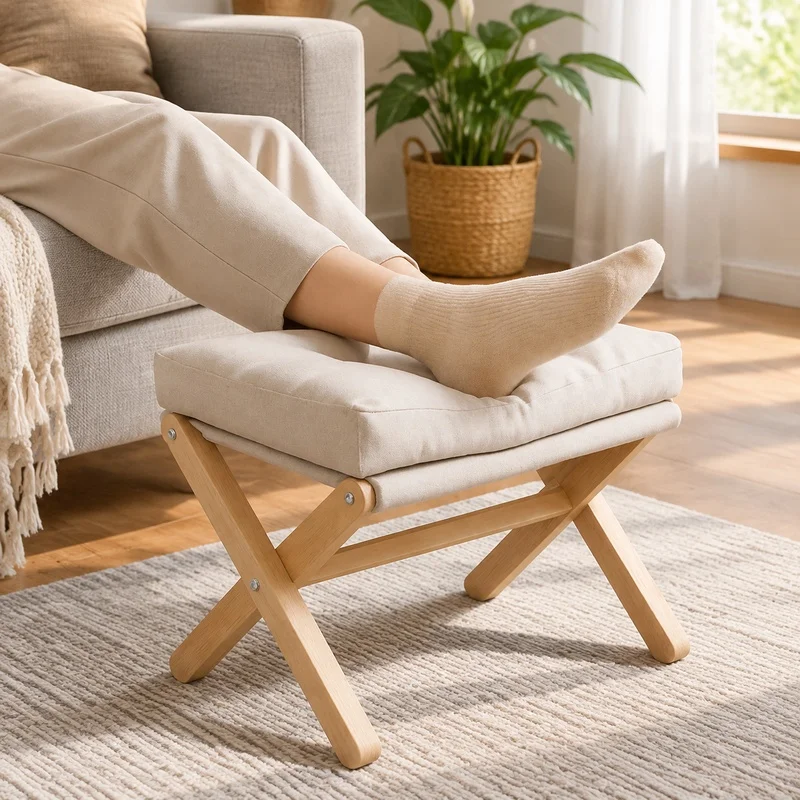 Wooden Folding Footstool with Plush Cotton Pad for Comfortable Living Room and Hallway Use