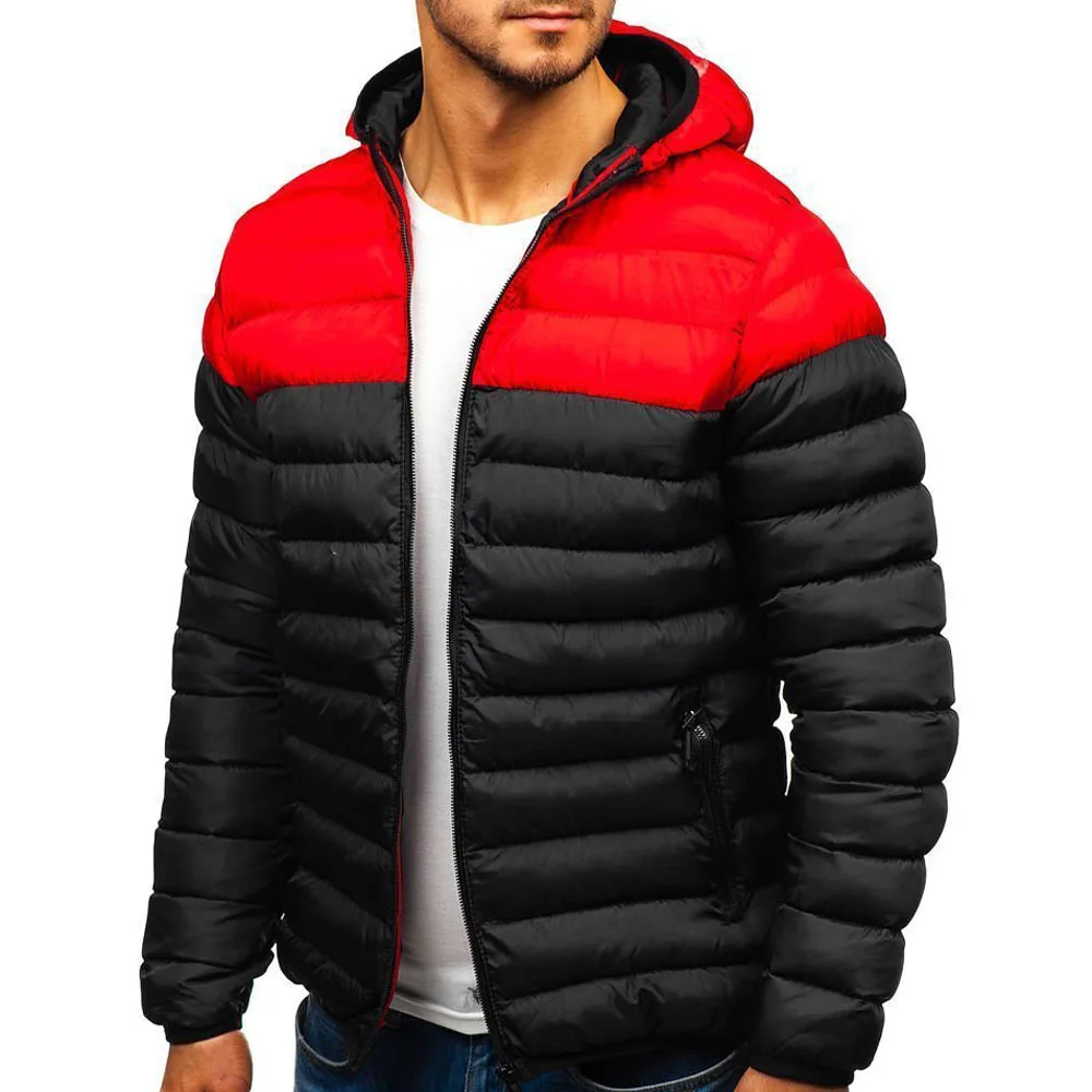 Autumn Winter Parkas Casual Male Patchwork Zip Up Long Sleeve Hooded Cotton Pad Coats Outwear