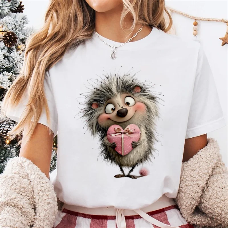 

Hedgehog Love Gift Box Printed Pattern Women's T-Shirt Basic Top Casual Clothes Cute O-Neck Short Sleeved Women's T-Shirt