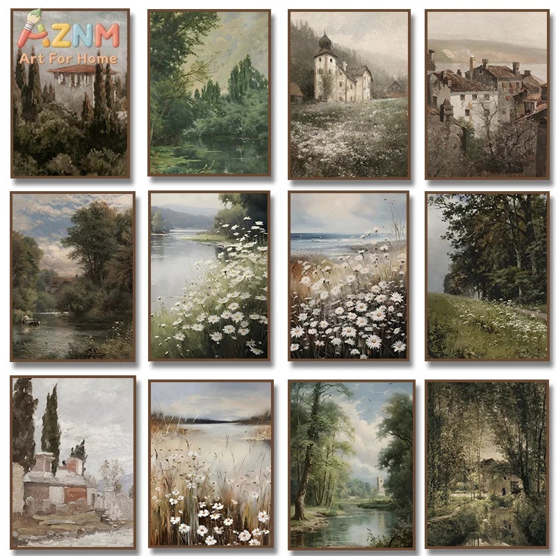 AZNM Vintage European Countryside Landscape Canvas Wall Art, Retro Oil Painting Daisy Field River Village Print, Frameless Rusti