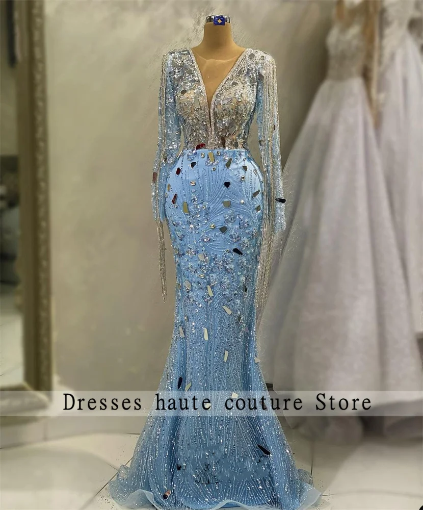 

Elegant Crystals Beaded Mermaid Evening Dress 2024 Blue Long Sleeves Tassel Sequined Prom Dress Formal Celebrity Robe De Soiree