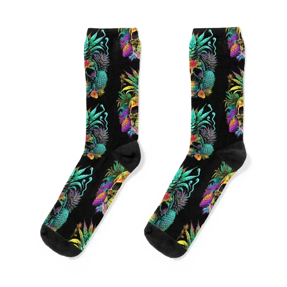 Trippy Tropical Pineapple Skull Retro Art Socks Christmas cotton summer hip hop Socks Man Women's