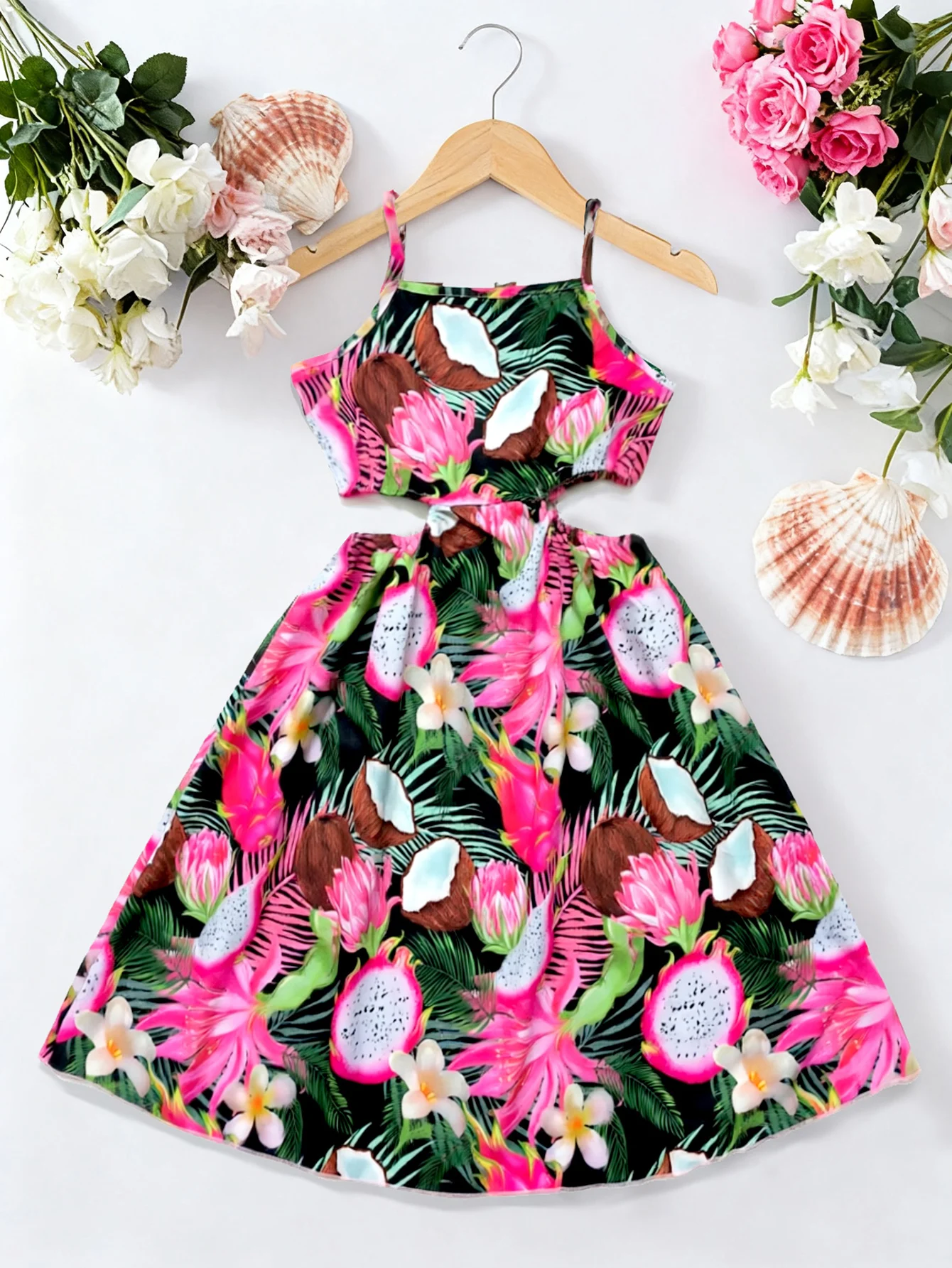 Sommerkleid für Mädchen mit Tropischem Blumendruck, Spaghetti-Trägern, Langes Strandkleid, Boho / Hawaiian Party Kinderkleidung 5-12 Jahre – Detail 4