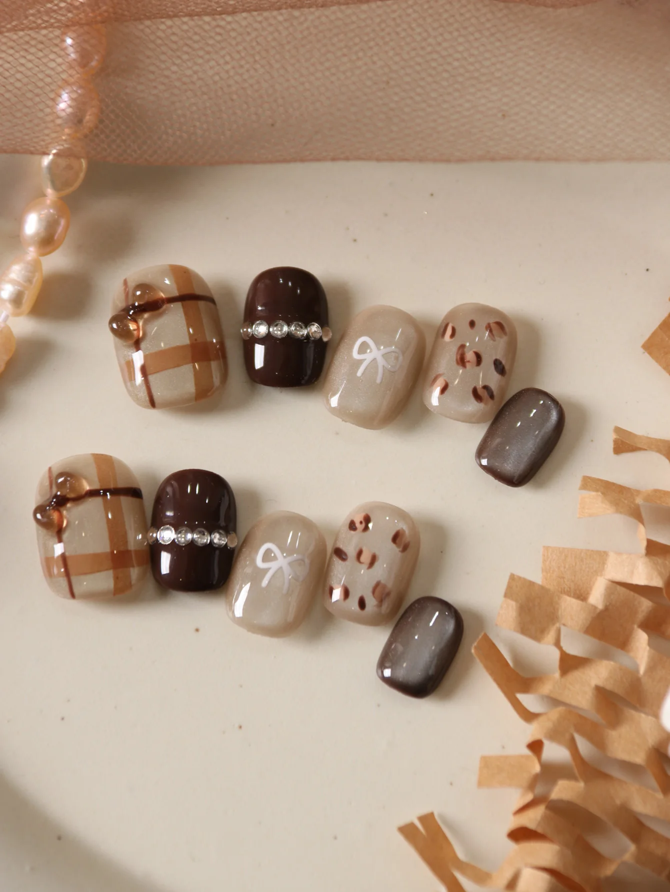 10 Uds. De uñas postizas acrílicas con ojos de gato marrones cortos, incluye 1 hoja de pestañas adhesivas y 1 Mini archivo