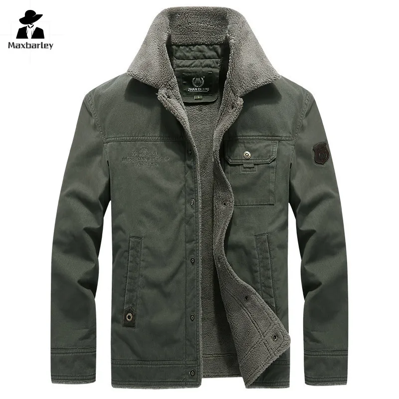 Autumn/winter Warm Jacket For Men Vintage Army Green And Fleece Thickened Parkas Casual Outdoor Hiking Fur Collar Windproof Coat