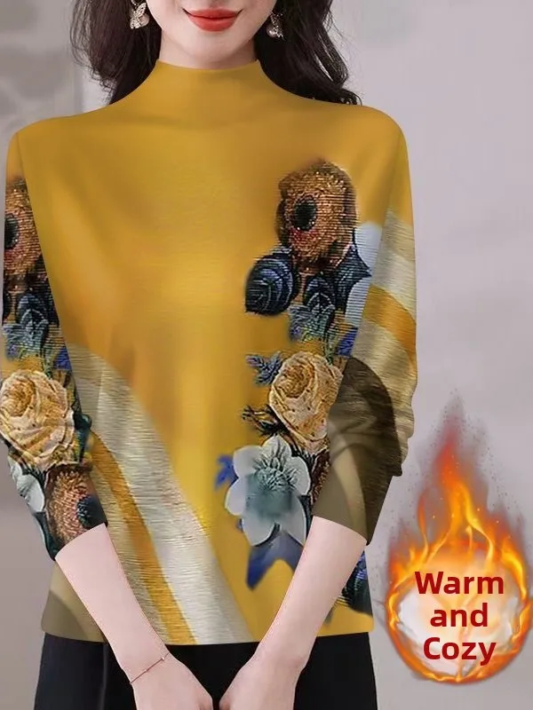 

Warm Thermal Mommy Style Top for Middle-Aged Women Long Sleeve Floral Print Half High Collar Polyester Fiber Casual Slim Fit