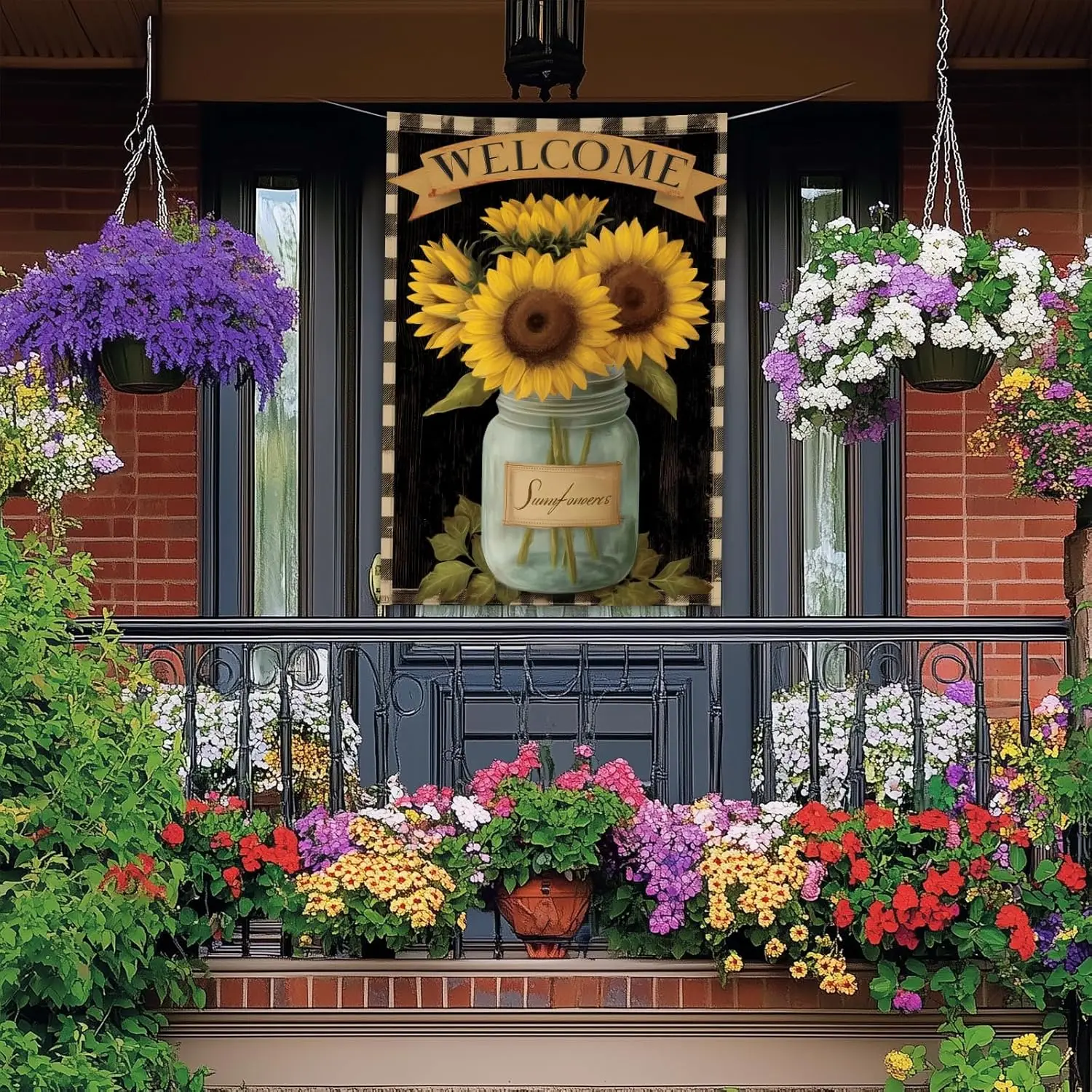 Sunflower House Flag 28 x 40 Inch Double Sided Garden Flag with Mason Jar Black Buffalo Plaid Welcome Design for Summer Porc SSL
