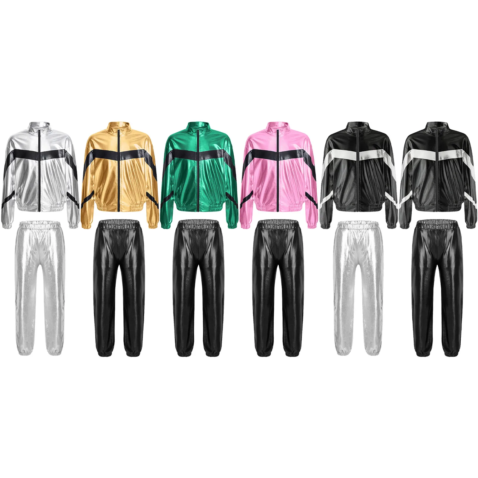 Unisex Kids Girls 80s Tracksuit Retro Costume Metallic Jogger Tracksuit Jacket and Pants Disco Jazz Dance Outfits Streetwear