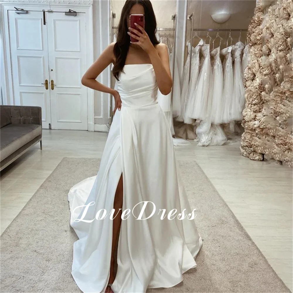 Love Simple A-Line Strapless Stain Pleating Wedding Dresses Backless Lace Up High Side Slit Floor Length Sleeveless Bridal Gowns