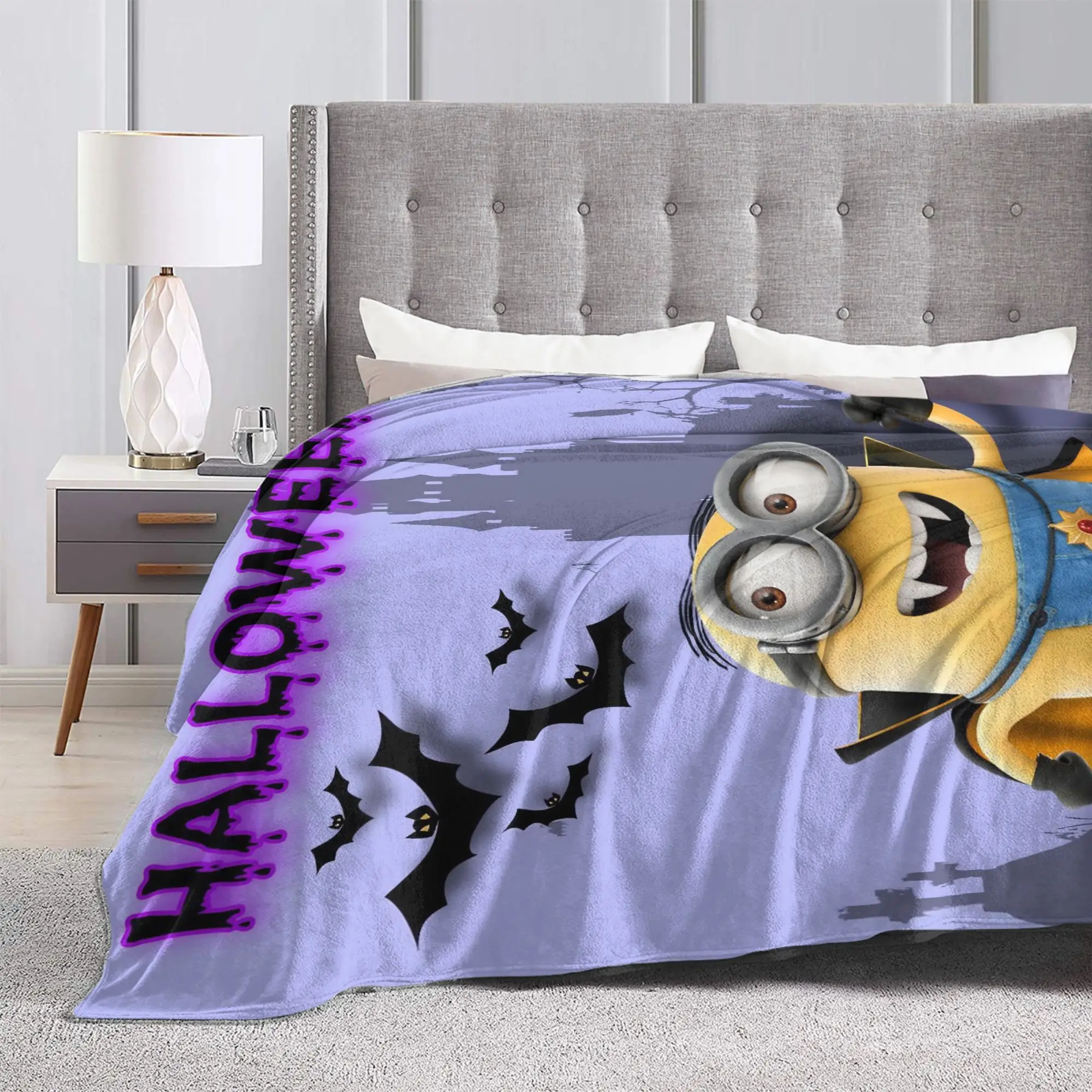 Cute Anime M-Miniones Blankets Fleece Spring/Autumn Halloween Bats  Multifunction Warm Throw Blanket for Home Office Bedspread