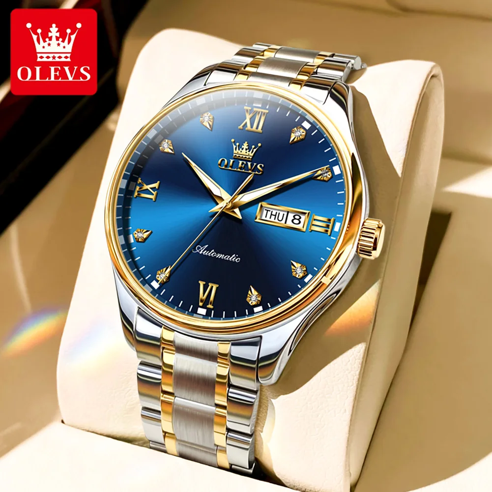 

OLEVS Mens Watches Top Brand Luxury Stainless Steel Waterproof Luminous Week Calendar Fashion Blue Mechanical Watch for Men