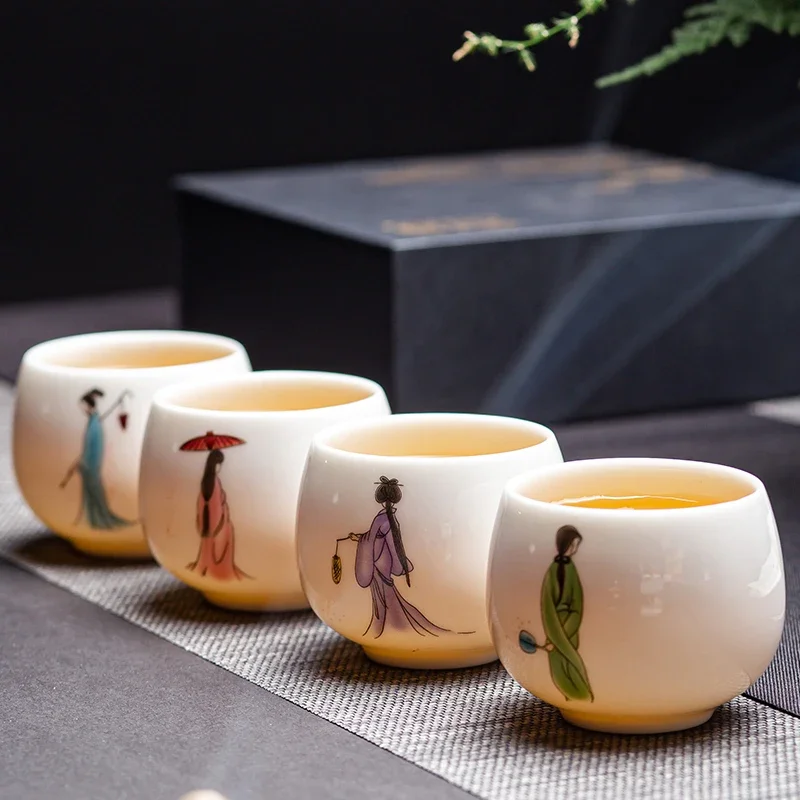 Chinoiserie Style White Porcelain Tea Cup, Figure Manual Kungfu Tea Set, High-end Tea Cup, Ceramic Personal Special Single Cup