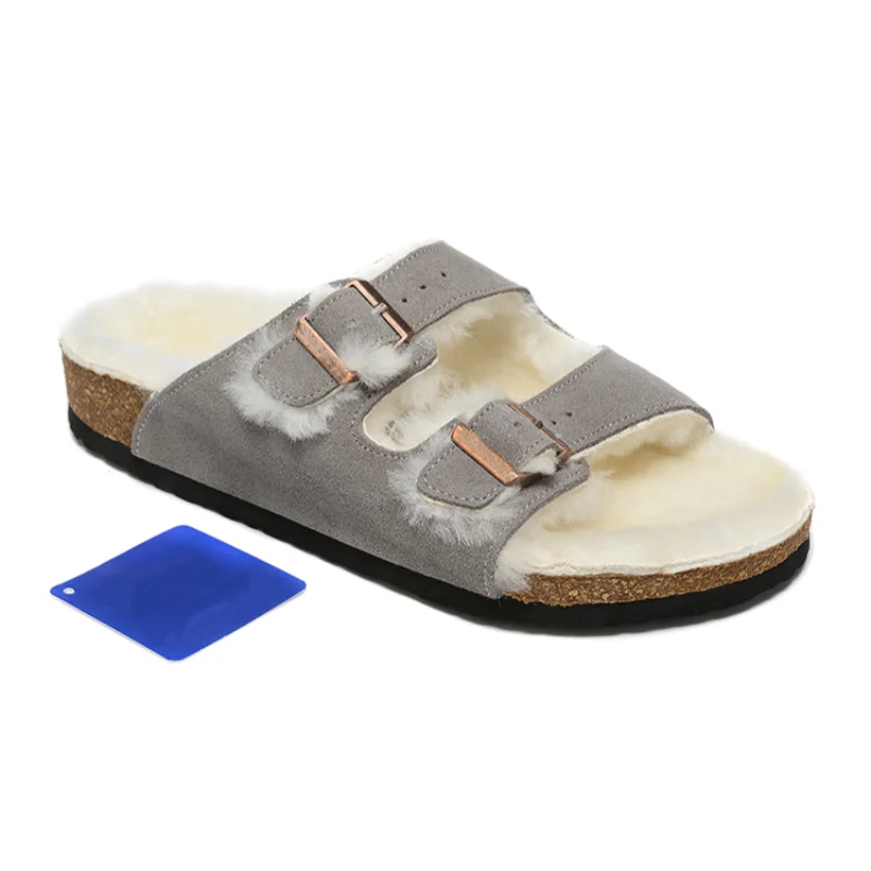 luxury designer brand arizona sandals men winter fluff slippers flat soft sole with buckles warm women slippers with shoebox