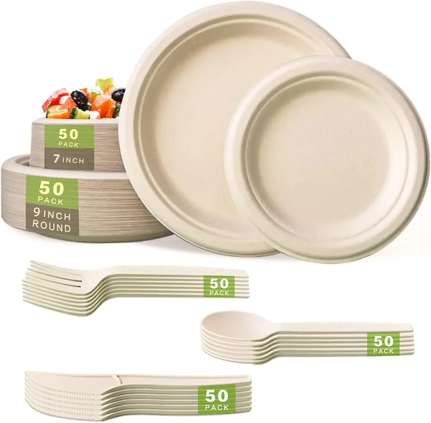 Compostable Paper Plates Set 250PCS Heavy-Duty Disposable Plate and Utensil Biodegradable Dinnerware