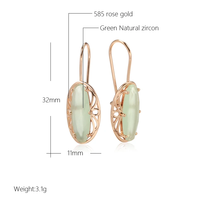 Kienl Hot 585 Rose Gold Color Vintage Long Earring for Women Unique Green Natural Zircon Accessories High Quality Daily Jewelry