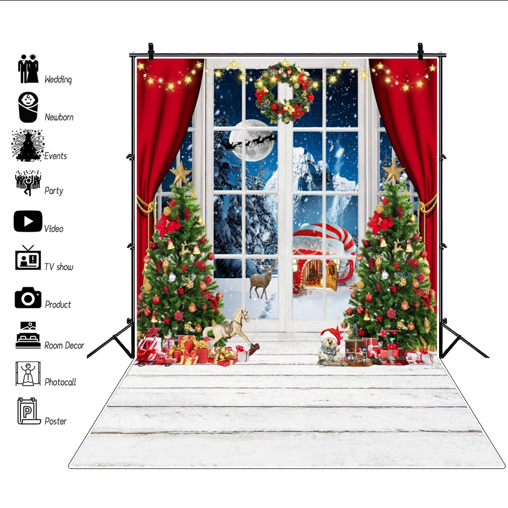 Winter Christmas Photography Background Xmas Tree Candle Fireplace Wood Floor Family Festival Party Kids Portrait Photo Backdrop