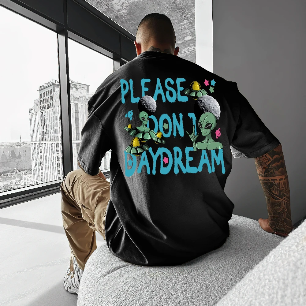 Men Oversized T Shirt Alien UFO Please Don't Daydream Letter Back Print Crew Neck Short Sleeve Sci-Fi Street Loose Casual Tee