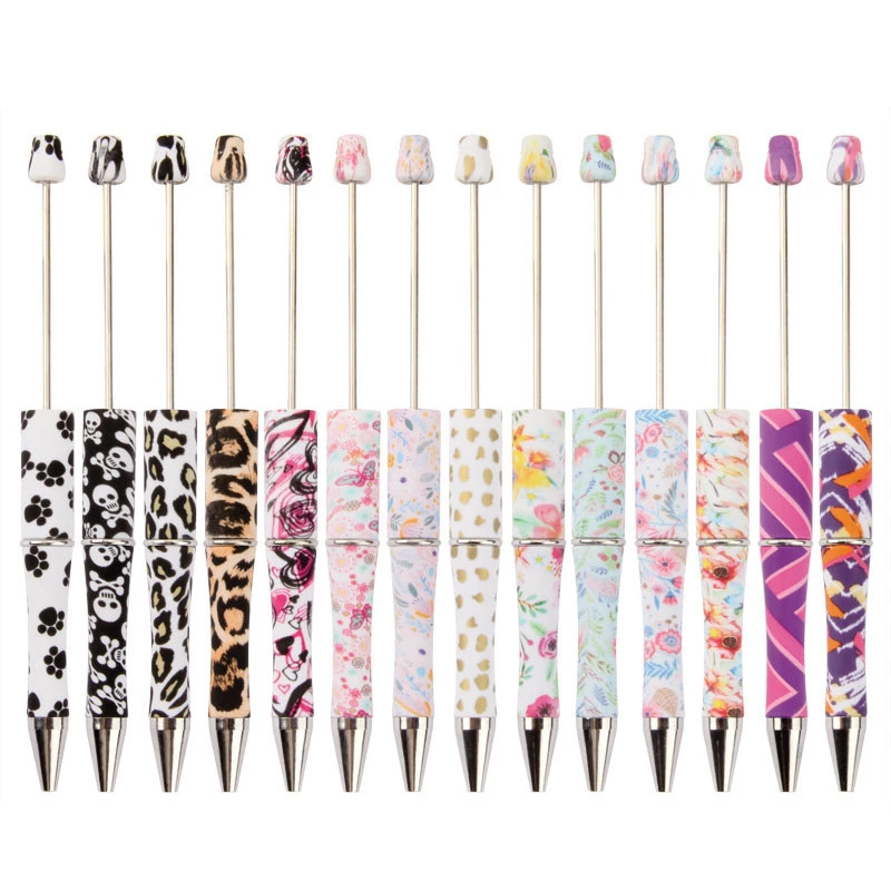 84Pcs Diy Plastic Beaded Pen Creative Handmade Leopard Print Floral Cow Beaded Pen Printing New Plastic Beaded Pen Wholesale