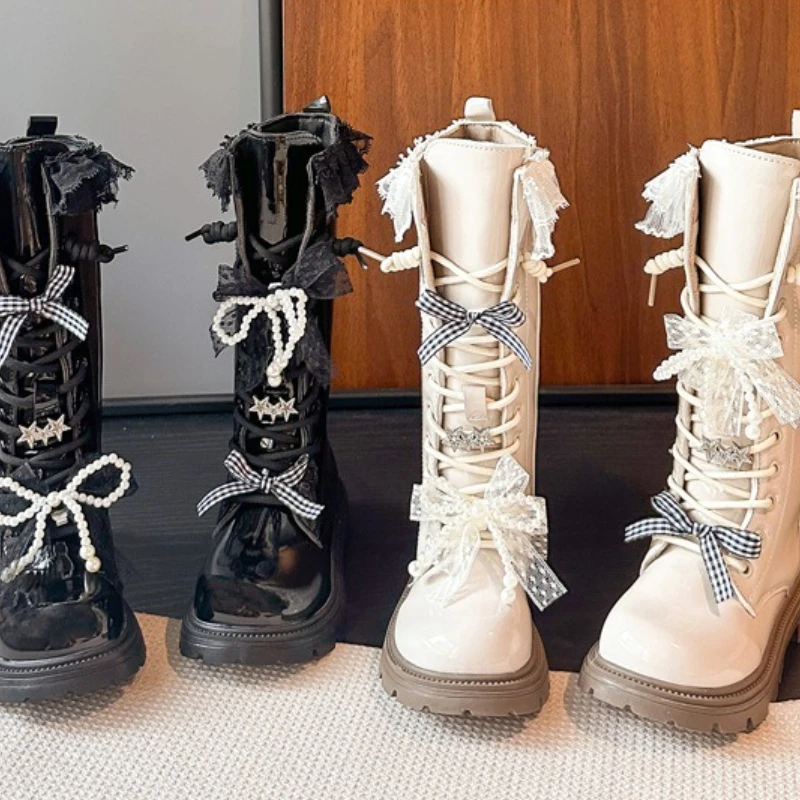 

Fashion High Quality Kids Lace Lace High Boots 2025 Winter New Style Girls' Bow Leather Boots Comfort Non Slip Child Snow Boot