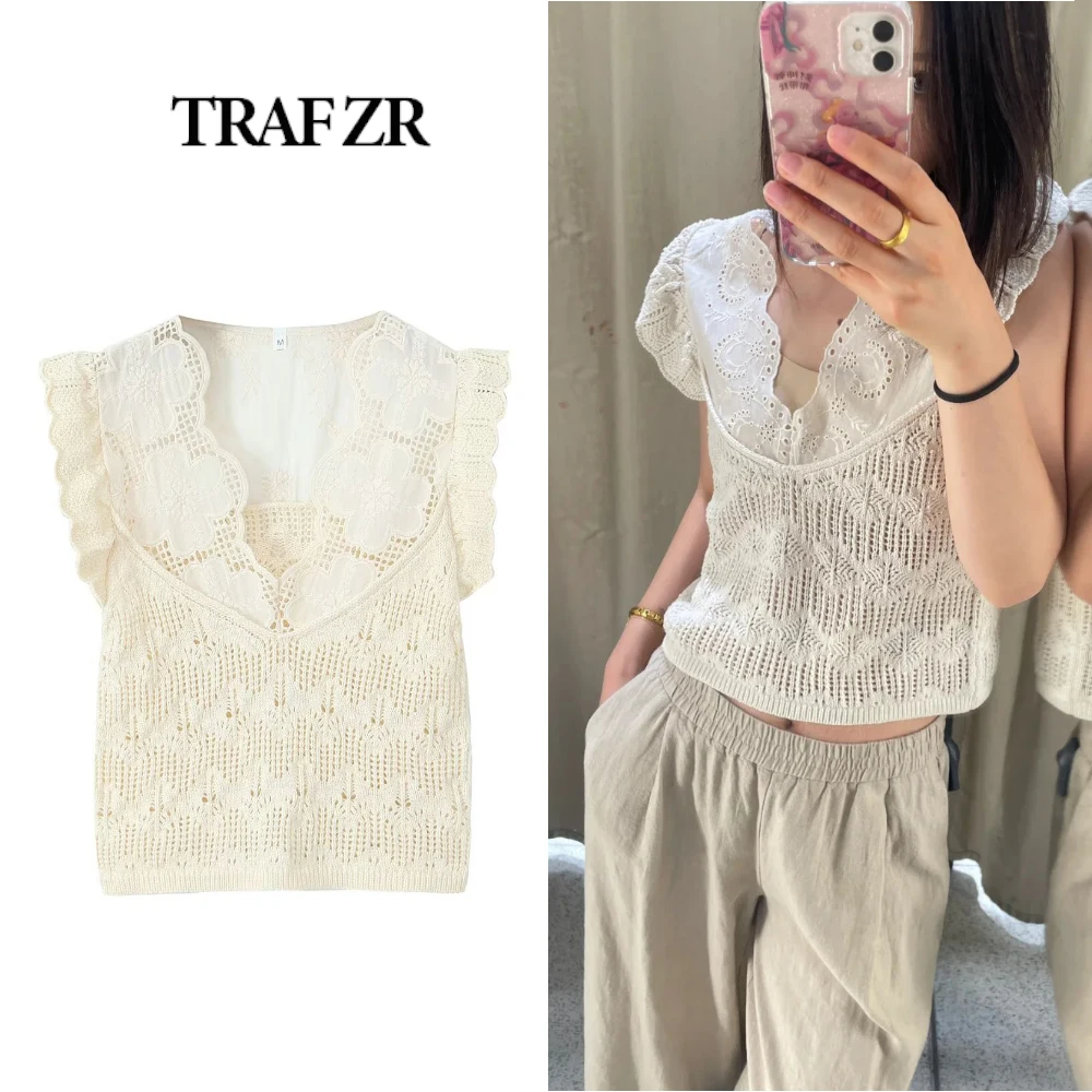 

TRAF ZR Y2k Tops Tanks & Camis Off Shoulder Summer Knitwear Embroidery Patchwork Tank Tops Vintage Tierred Hollow Out Knit Tops